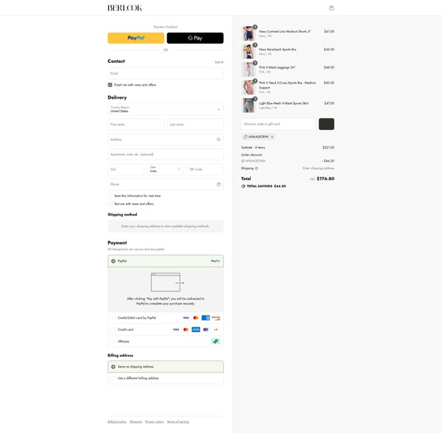 BERLOOK checkout page showing BERLOOK discount code box | Screenshot taken by SimplyCodes community member on Aug 28, 2025