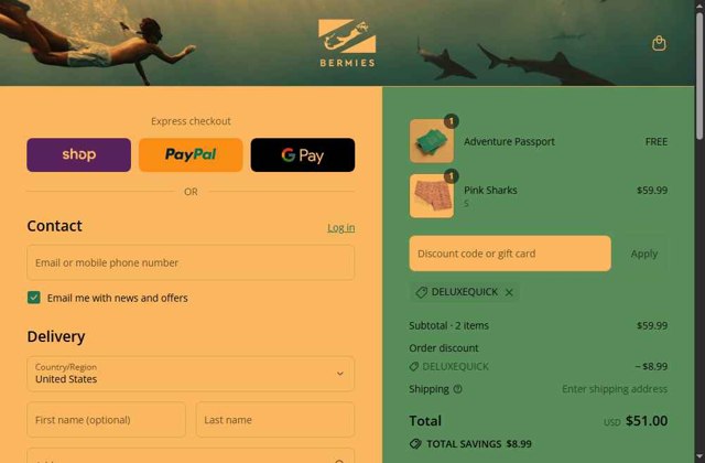 Bermies checkout page showing Bermies discount code box | Screenshot taken by SimplyCodes community member on Aug 28, 2025