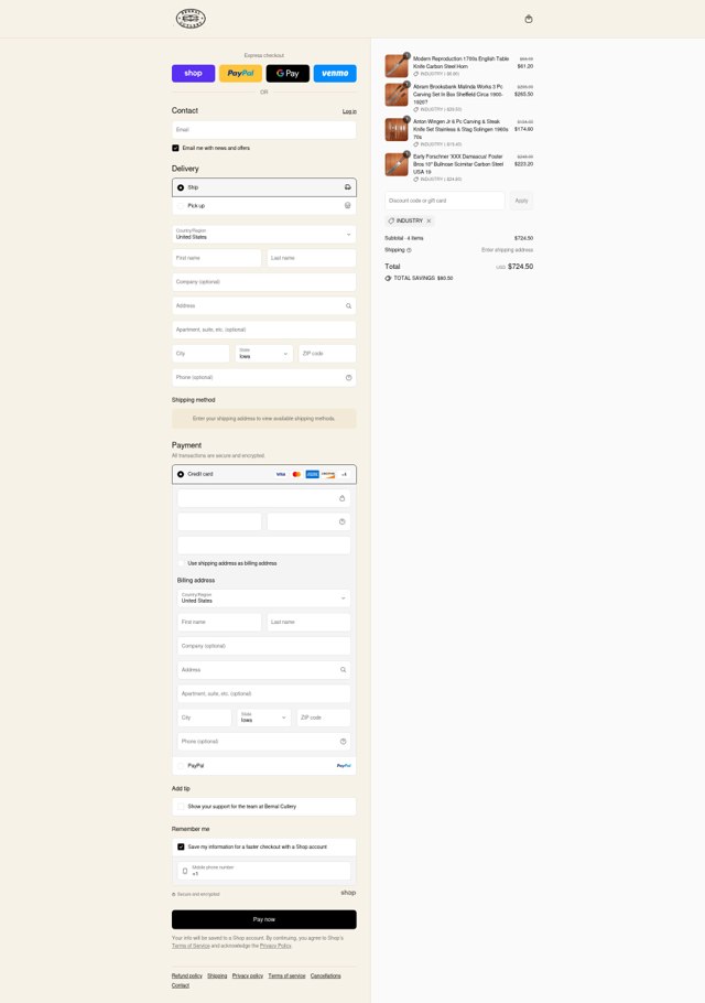 Bernal Cutlery checkout page showing Bernal Cutlery promo code box | Screenshot taken by SimplyCodes community member on Sep 2, 2025