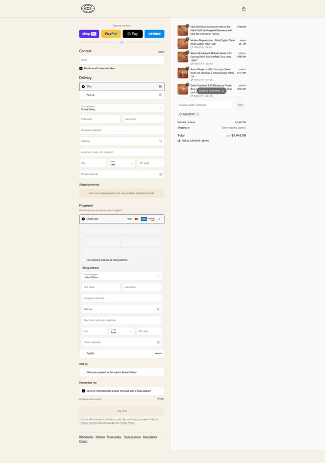 Bernal Cutlery checkout page showing Bernal Cutlery promo code box | Screenshot taken by SimplyCodes community member on Aug 22, 2025