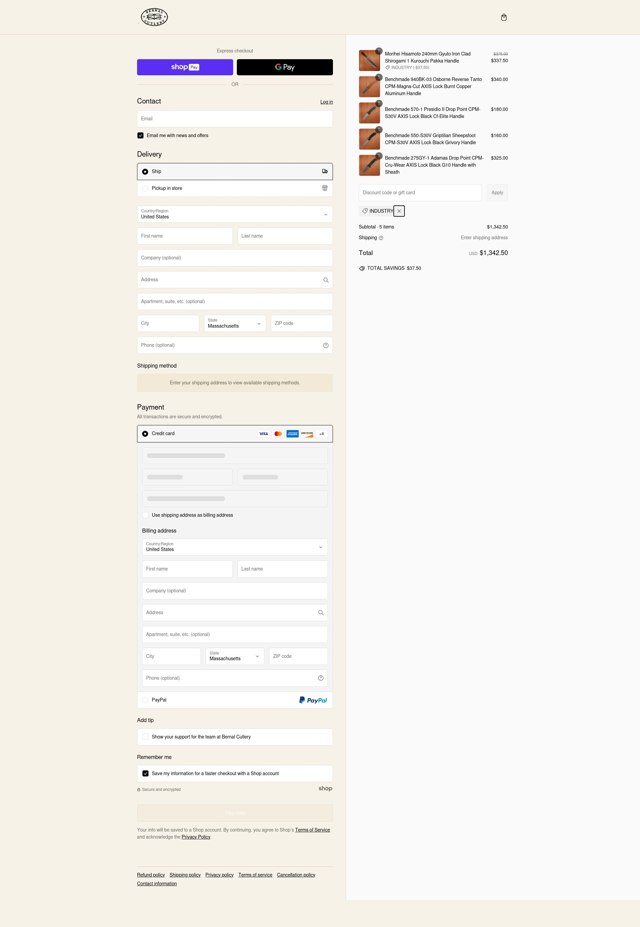 Bernal Cutlery checkout page showing Bernal Cutlery promo code box | Screenshot taken by SimplyCodes community member on Feb 22, 2025