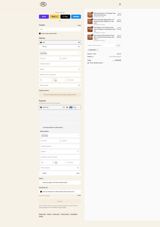 Bernal Cutlery checkout page showing Bernal Cutlery promo code box | Screenshot taken by SimplyCodes community member on Sep 7, 2025
