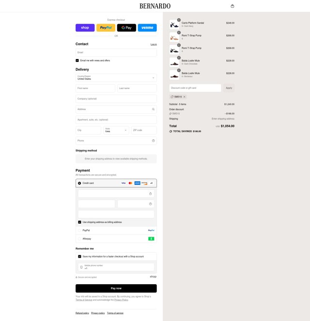 Bernardo 1946 checkout page showing Bernardo 1946 discount code box | Screenshot taken by SimplyCodes community member on Aug 12, 2025