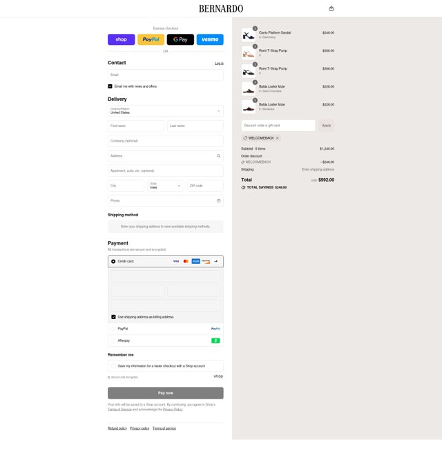 Bernardo 1946 checkout page showing Bernardo 1946 discount code box | Screenshot taken by SimplyCodes community member on Aug 12, 2025