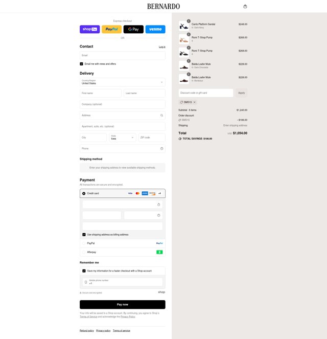 Bernardo 1946 checkout page showing Bernardo 1946 discount code box | Screenshot taken by SimplyCodes community member on Aug 16, 2025