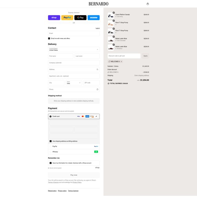 Bernardo 1946 checkout page showing Bernardo 1946 discount code box | Screenshot taken by SimplyCodes community member on Aug 12, 2025