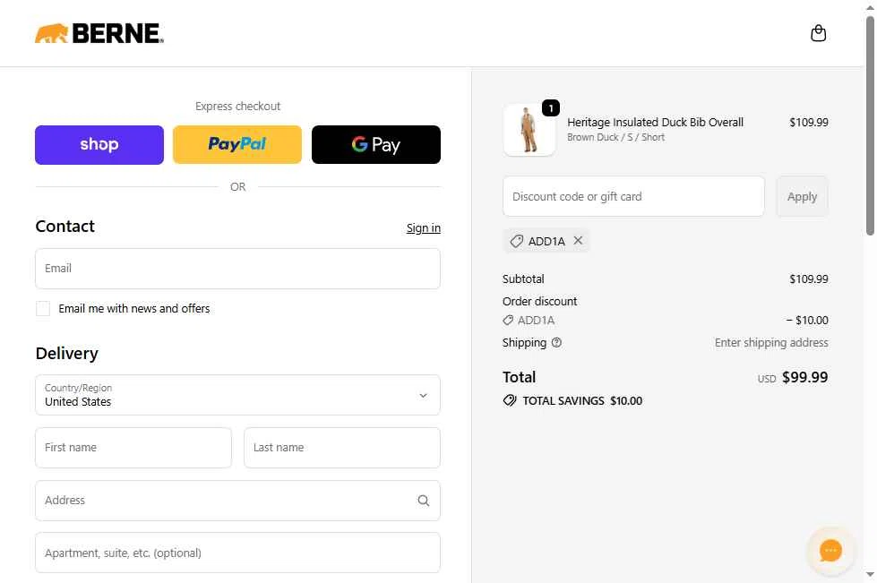 Berne Apparel checkout page showing Berne Apparel discount code box | Screenshot taken by SimplyCodes community member on Feb 24, 2026