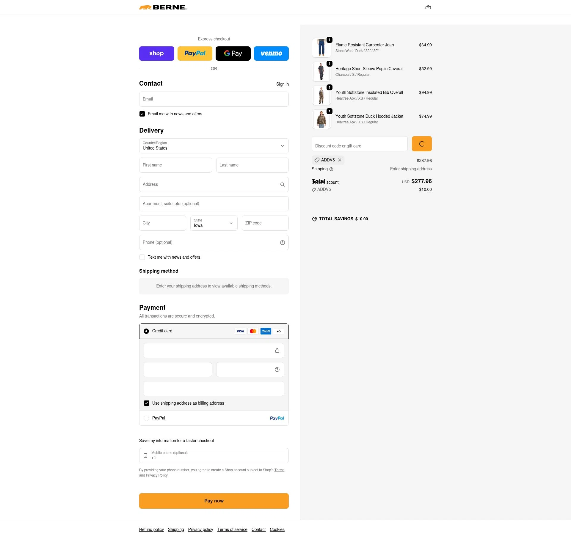 Berne Apparel checkout page showing Berne Apparel discount code box | Screenshot taken by SimplyCodes community member on Feb 22, 2026