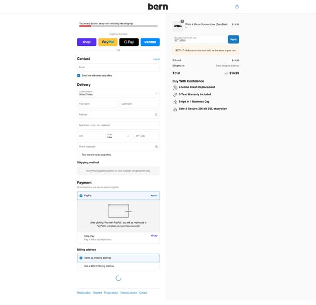 Bern Helmets checkout page showing Bern Helmets promo code box | Screenshot taken by SimplyCodes community member on Sep 8, 2025