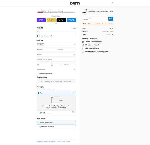 Bern Helmets checkout page showing Bern Helmets promo code box | Screenshot taken by SimplyCodes community member on Sep 4, 2025