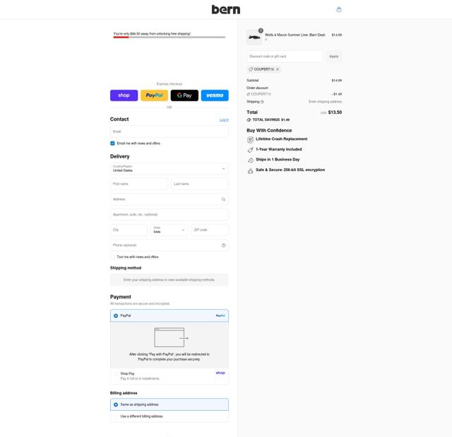 Bern Helmets checkout page showing Bern Helmets promo code box | Screenshot taken by SimplyCodes community member on Sep 8, 2025
