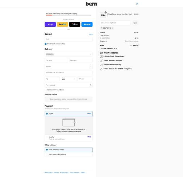 Bern Helmets checkout page showing Bern Helmets promo code box | Screenshot taken by SimplyCodes community member on Sep 4, 2025