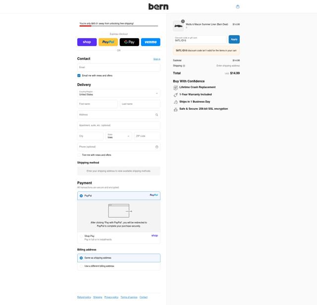 Bern Helmets checkout page showing Bern Helmets promo code box | Screenshot taken by SimplyCodes community member on Sep 12, 2025