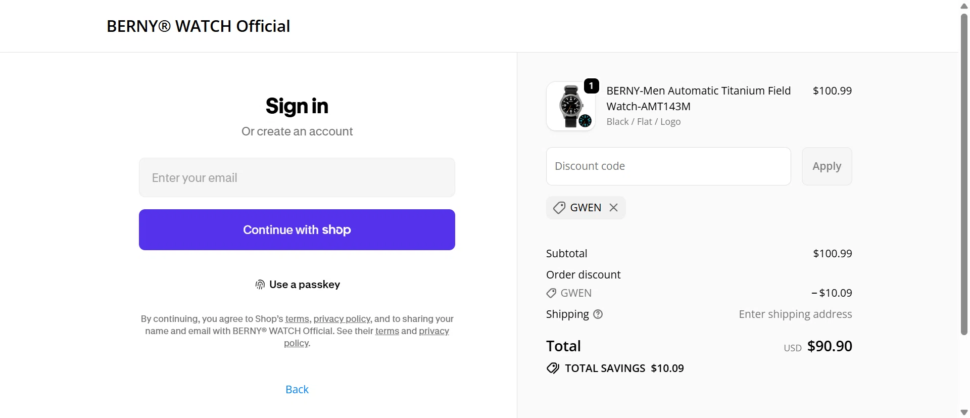 Berny Watch promo code screenshot showing code GWEN applied at Berny Watch checkout page. Uploaded by SimplyCodes community member SavvyMonarch2877 on Jun 3, 2026