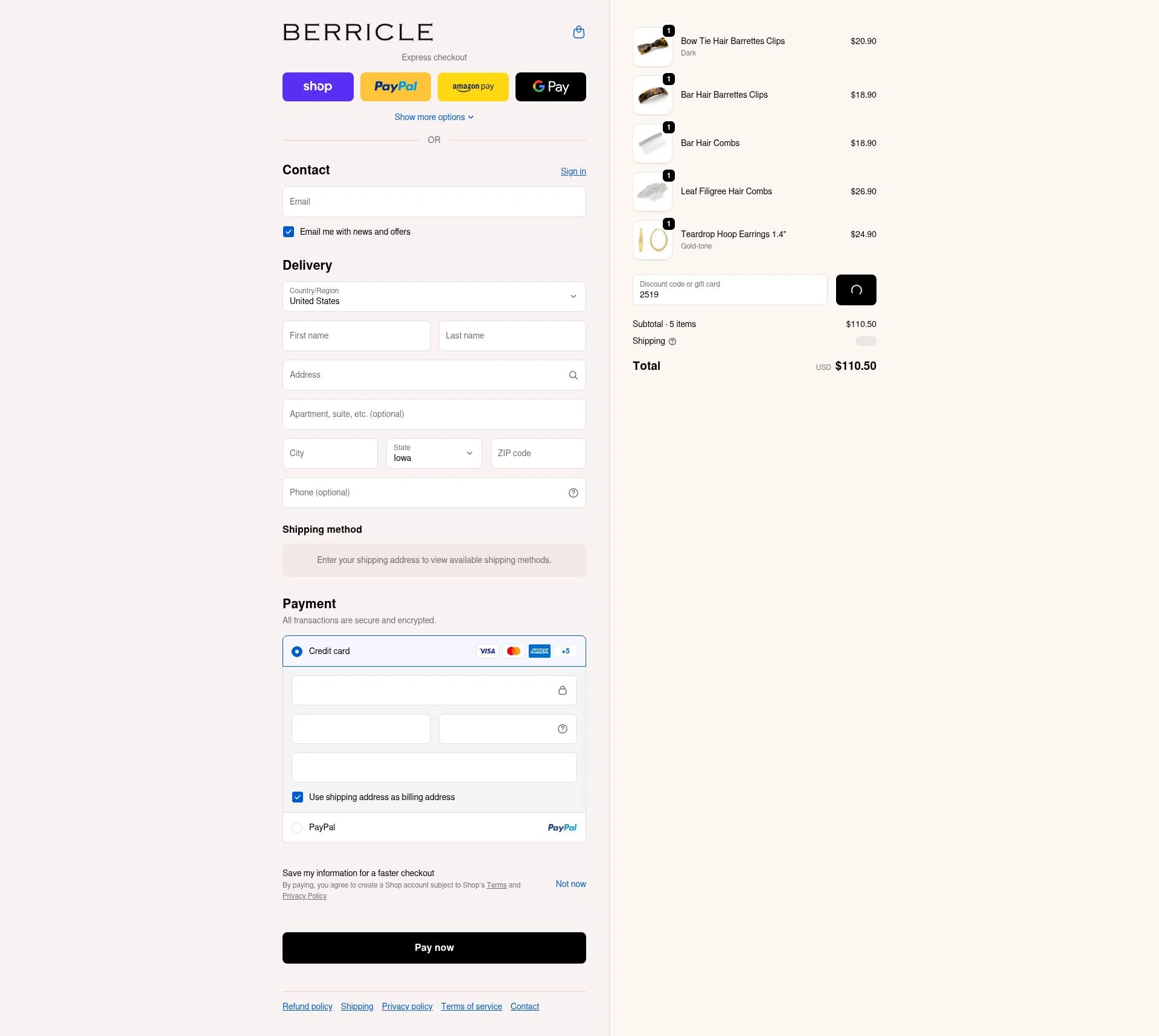 Berricle checkout page showing Berricle promo code box | Screenshot taken by SimplyCodes community member on Feb 17, 2026
