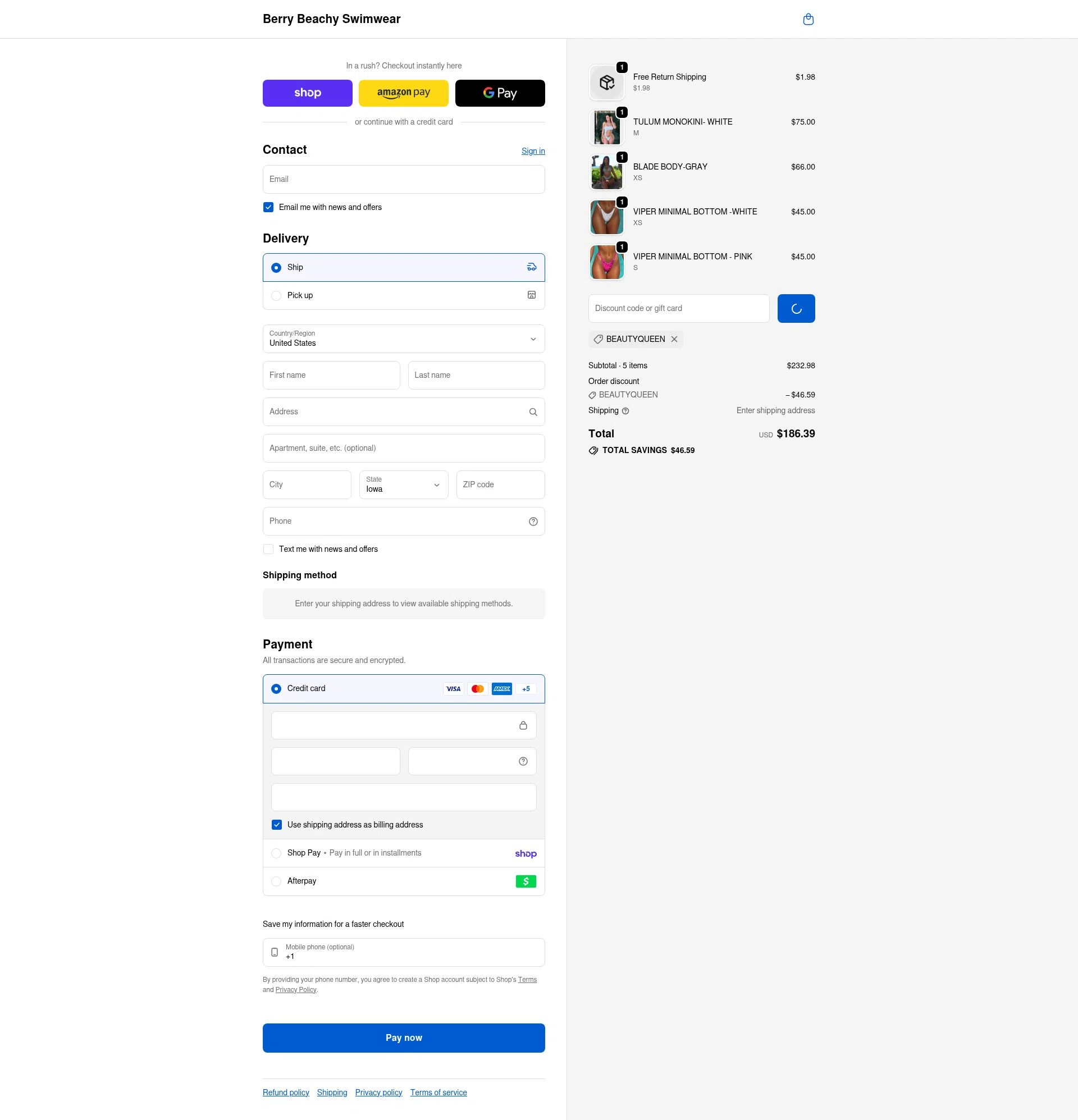 Berry Beachy Swimwear checkout page showing Berry Beachy Swimwear discount code box | Screenshot taken by SimplyCodes community member on Feb 17, 2026