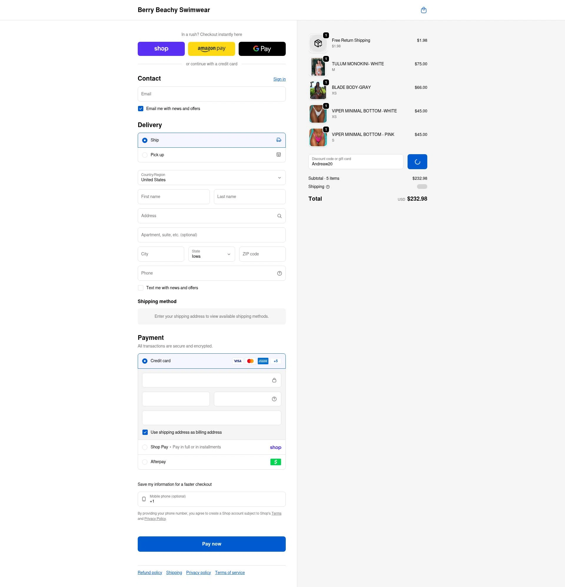 Berry Beachy Swimwear checkout page showing Berry Beachy Swimwear discount code box | Screenshot taken by SimplyCodes community member on Feb 17, 2026