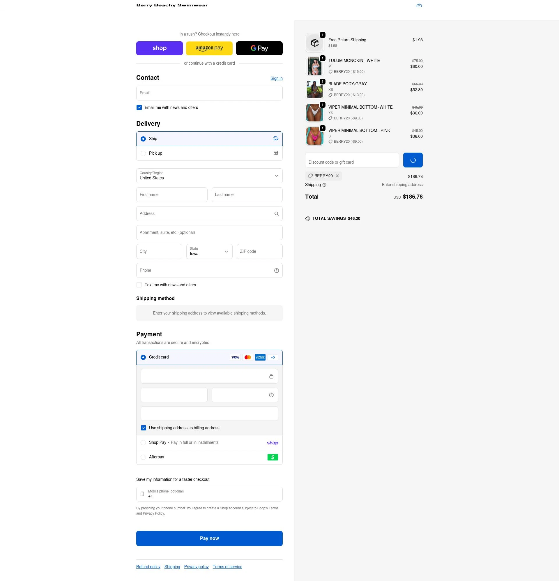 Berry Beachy Swimwear checkout page showing Berry Beachy Swimwear discount code box | Screenshot taken by SimplyCodes community member on Feb 17, 2026
