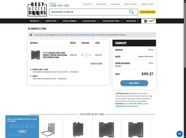 Best Access Doors checkout page showing Best Access Doors coupon code box | Screenshot taken by SimplyCodes community member on Aug 30, 2025