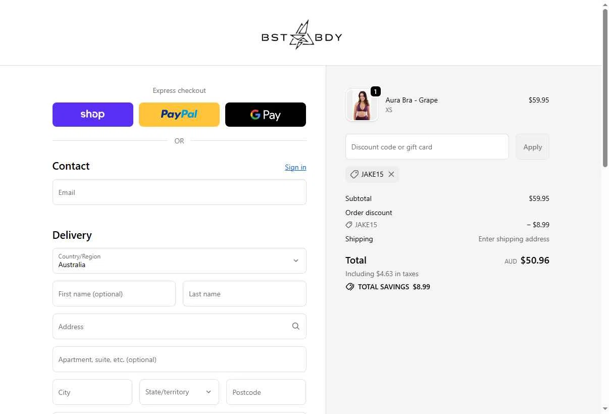 BEST BODY checkout page showing BEST BODY promo code box | Screenshot taken by SimplyCodes community member on Nov 25, 2025