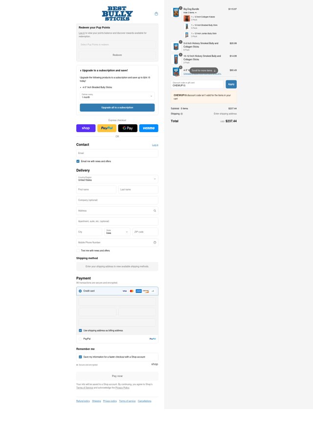 Best Bully Sticks checkout page showing Best Bully Sticks discount code box | Screenshot taken by SimplyCodes community member on Sep 8, 2025
