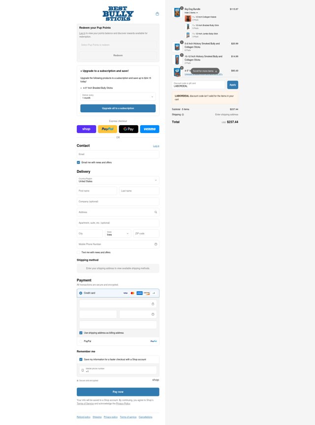 Best Bully Sticks checkout page showing Best Bully Sticks discount code box | Screenshot taken by SimplyCodes community member on Aug 31, 2025