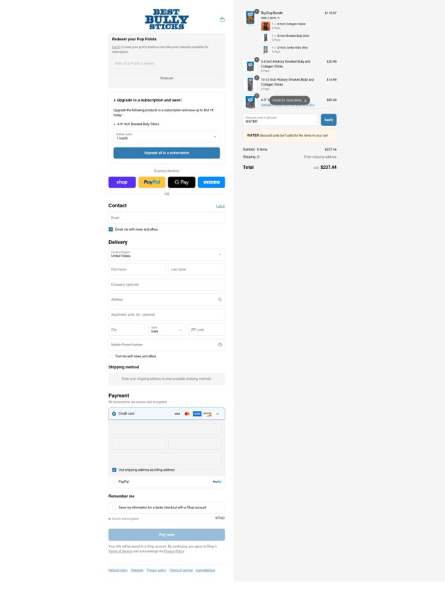 Best Bully Sticks checkout page showing Best Bully Sticks discount code box | Screenshot taken by SimplyCodes community member on Sep 8, 2025