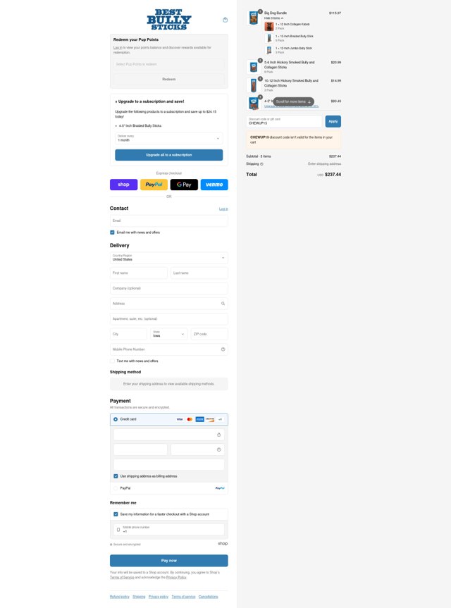 Best Bully Sticks checkout page showing Best Bully Sticks discount code box | Screenshot taken by SimplyCodes community member on Aug 31, 2025