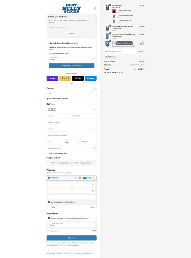 Best Bully Sticks checkout page showing Best Bully Sticks discount code box | Screenshot taken by SimplyCodes community member on Sep 8, 2025