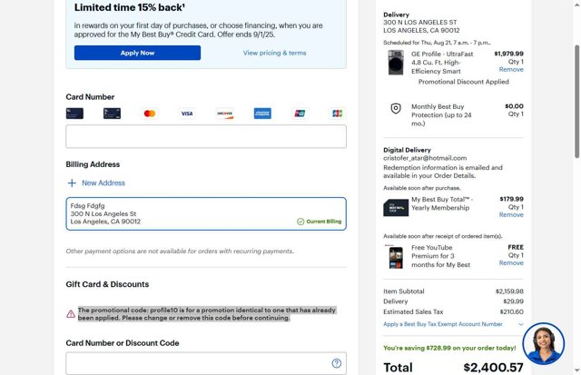 Best Buy checkout page showing Best Buy discount code box | Screenshot taken by SimplyCodes community member on Aug 16, 2025