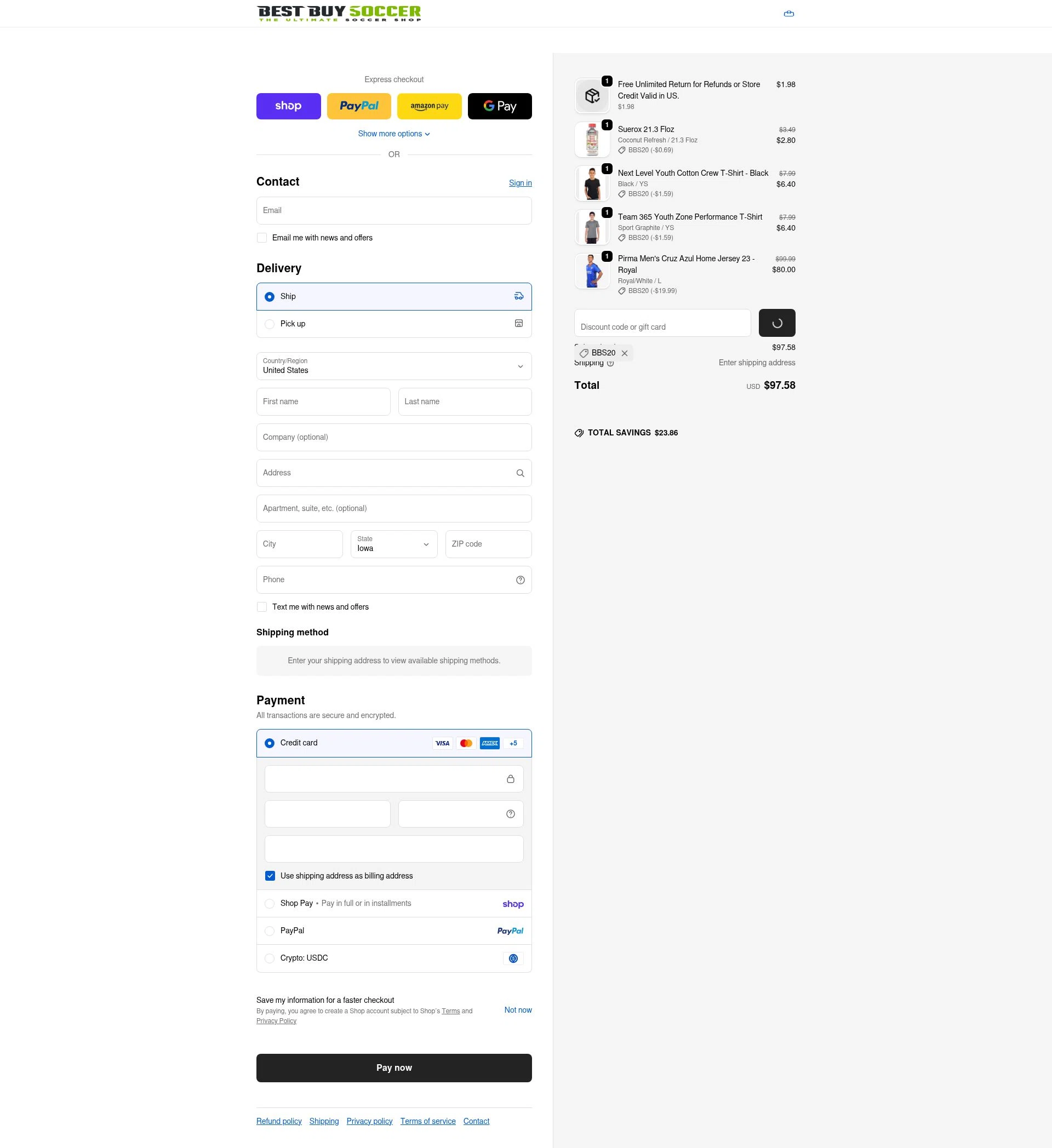 Best Buy Soccer checkout page showing Best Buy Soccer discount code box | Screenshot taken by SimplyCodes community member on Feb 17, 2026