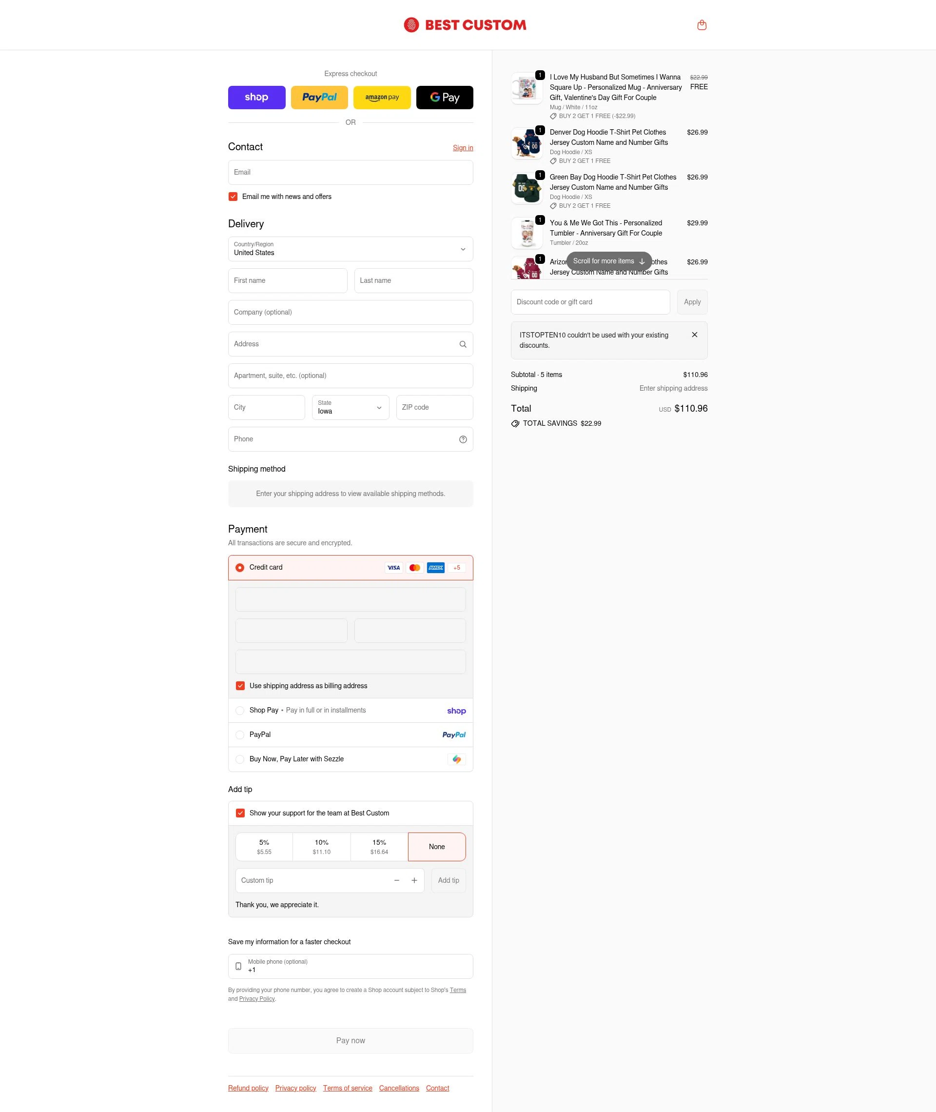 Bestcustom checkout page showing Bestcustom promo code box | Screenshot taken by SimplyCodes community member on Feb 6, 2026
