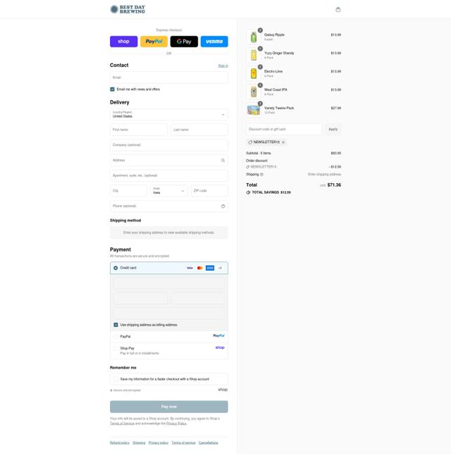Best Day Brewing checkout page showing Best Day Brewing discount code box | Screenshot taken by SimplyCodes community member on Sep 12, 2025