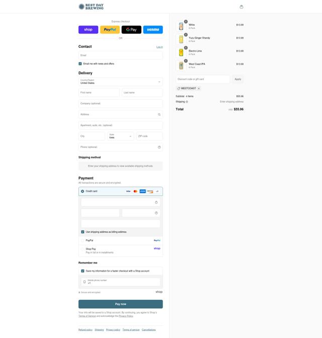 Best Day Brewing checkout page showing Best Day Brewing discount code box | Screenshot taken by SimplyCodes community member on Sep 3, 2025