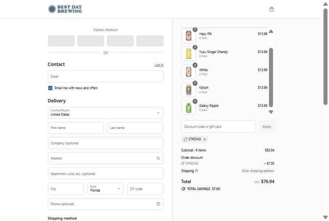 Best Day Brewing checkout page showing Best Day Brewing discount code box | Screenshot taken by SimplyCodes community member on Sep 1, 2025