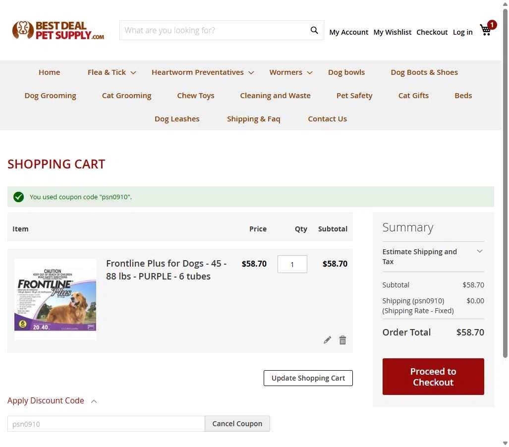 Best Deal Pet Supply checkout page showing Best Deal Pet Supply promo code box | Screenshot taken by SimplyCodes community member on May 21, 2025