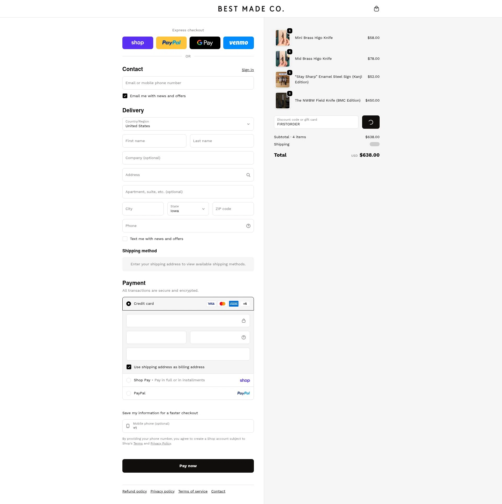 Best Made checkout page showing Best Made promo code box | Screenshot taken by SimplyCodes community member on Feb 8, 2026