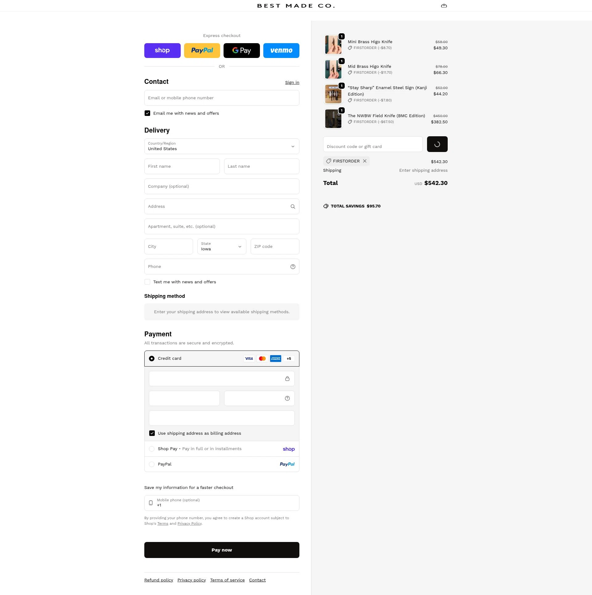 Best Made checkout page showing Best Made promo code box | Screenshot taken by SimplyCodes community member on Feb 16, 2026