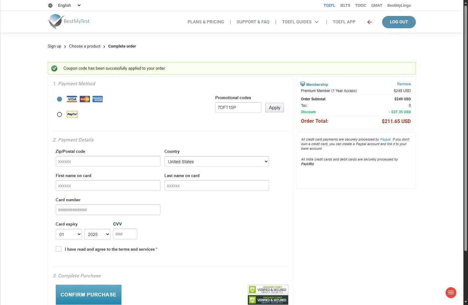 BestMyTest checkout page showing BestMyTest promo code box | Screenshot taken by SimplyCodes community member on Dec 18, 2025