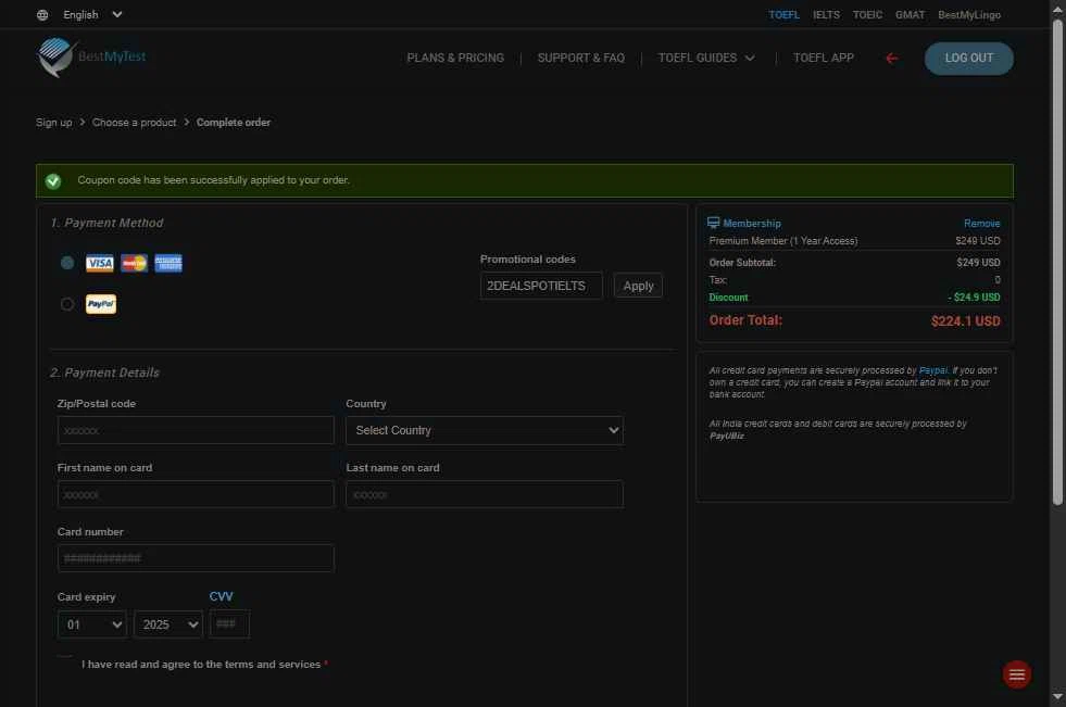 BestMyTest checkout page showing BestMyTest promo code box | Screenshot taken by SimplyCodes community member on Sep 10, 2025