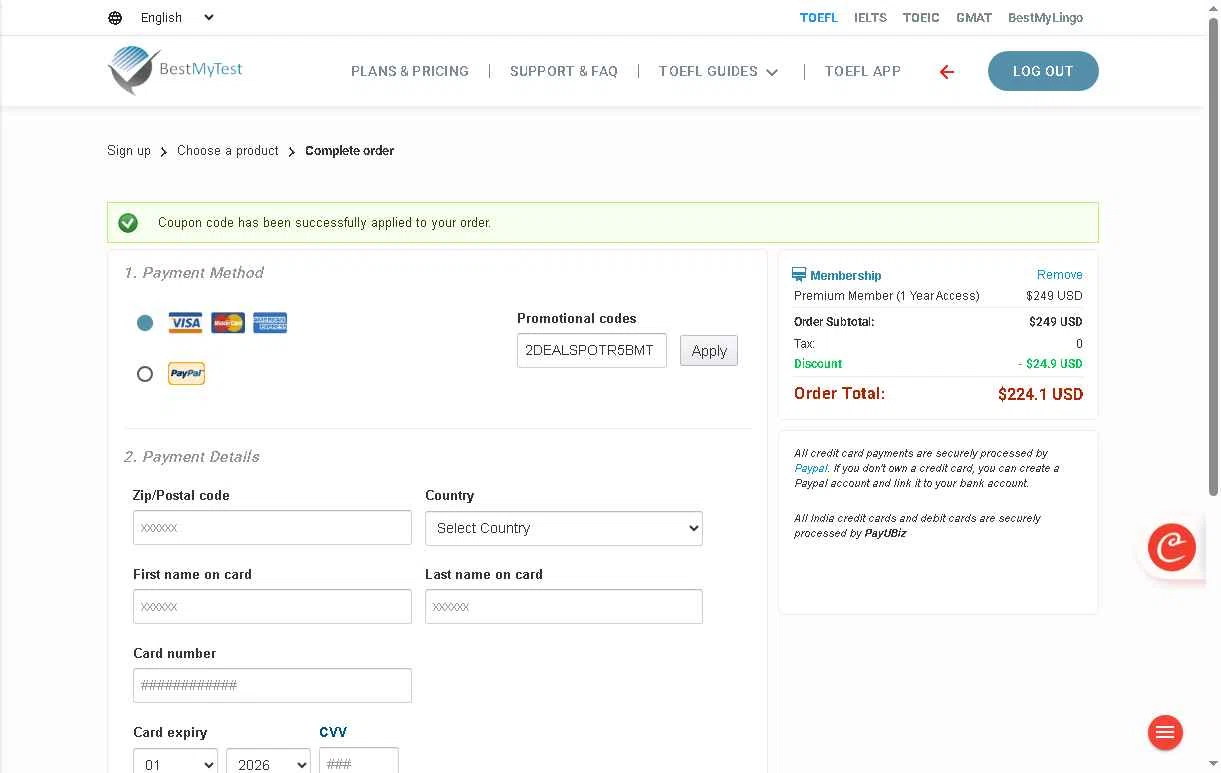 BestMyTest checkout page showing BestMyTest promo code box | Screenshot taken by SimplyCodes community member on Jan 16, 2026