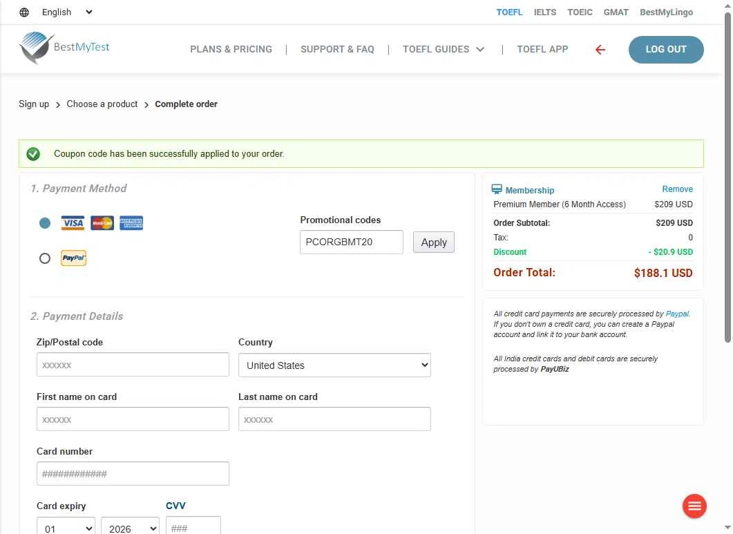 BestMyTest checkout page showing BestMyTest promo code box | Screenshot taken by SimplyCodes community member on Jan 18, 2026