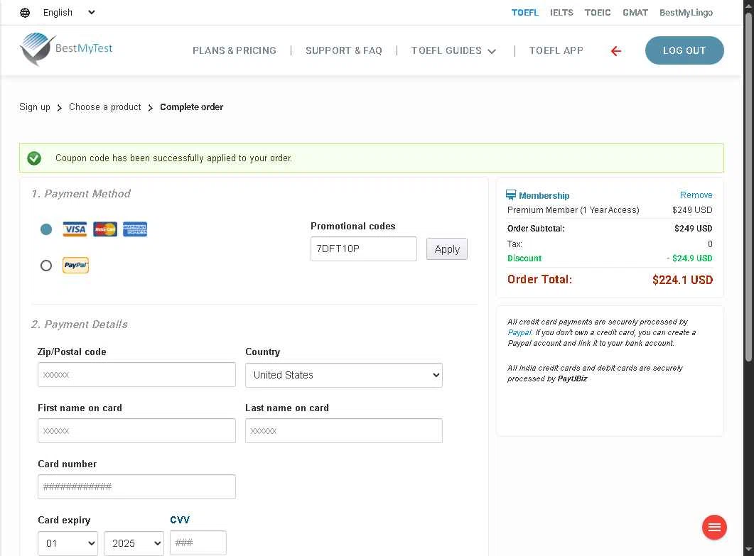 BestMyTest checkout page showing BestMyTest promo code box | Screenshot taken by SimplyCodes community member on Oct 22, 2025