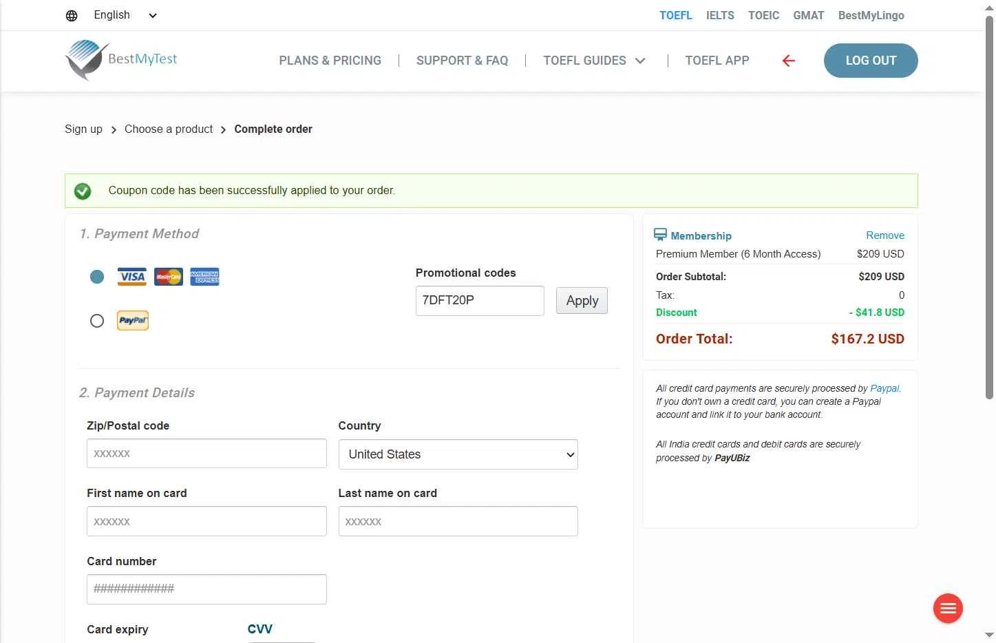 BestMyTest checkout page showing BestMyTest promo code box | Screenshot taken by SimplyCodes community member on Oct 6, 2025