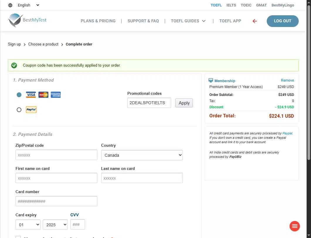 BestMyTest checkout page showing BestMyTest promo code box | Screenshot taken by SimplyCodes community member on Sep 10, 2025