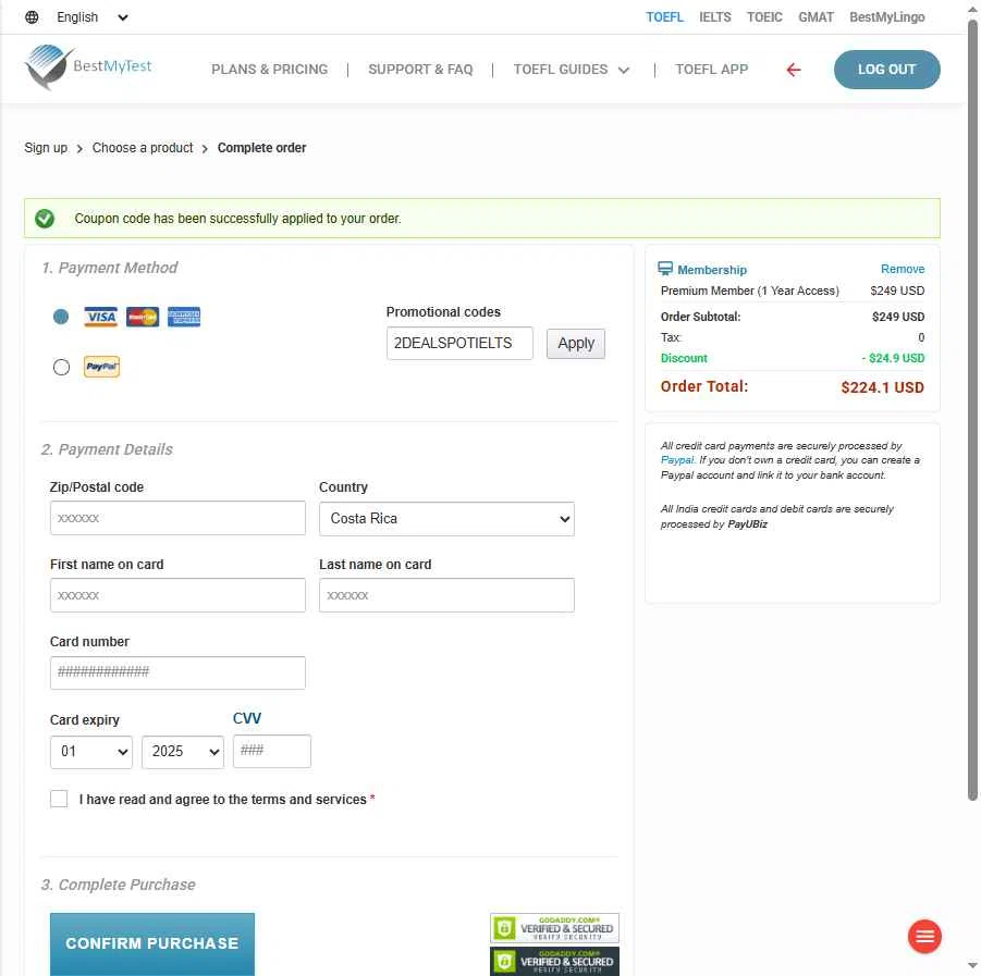 BestMyTest checkout page showing BestMyTest promo code box | Screenshot taken by SimplyCodes community member on Nov 27, 2025