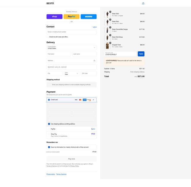 BESTŌ checkout page showing BESTŌ promo code box | Screenshot taken by SimplyCodes community member on Aug 29, 2025