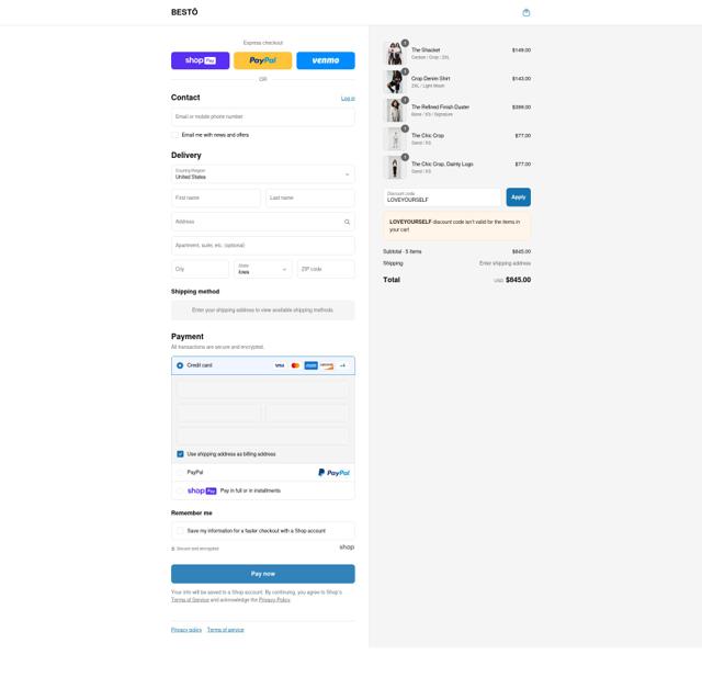 BESTŌ checkout page showing BESTŌ promo code box | Screenshot taken by SimplyCodes community member on Aug 11, 2025