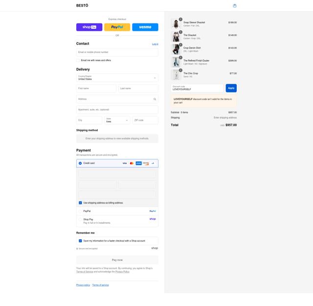 BESTŌ checkout page showing BESTŌ promo code box | Screenshot taken by SimplyCodes community member on Aug 15, 2025