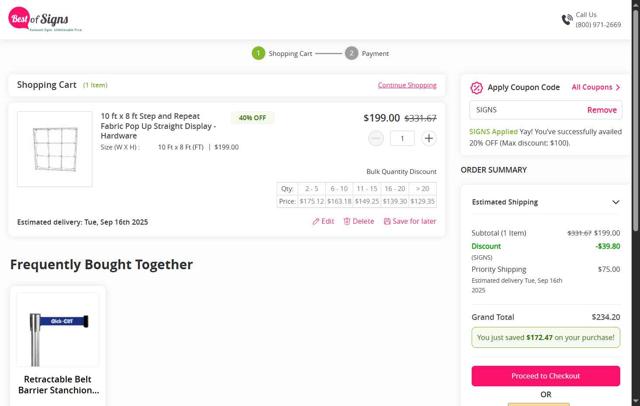 Best of Signs checkout page showing Best of Signs coupon code box | Screenshot taken by SimplyCodes community member on Sep 10, 2025